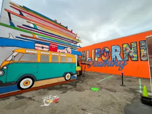 The “Caliornia Dreaming” mural is one of the eye-catching art pieces at Umbrella Alley 2.0 in San Francisco’s Fisherman’s Wharf.
