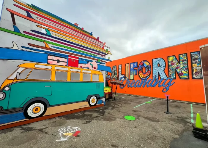 The “Caliornia Dreaming” mural is one of the eye-catching art pieces at Umbrella Alley 2.0 in San Francisco’s Fisherman’s Wharf.