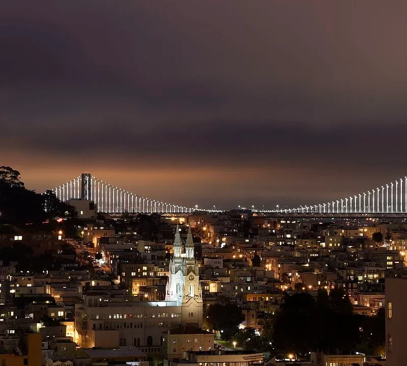 Night View of Bay Bridge and Coit Tower from San Francisco