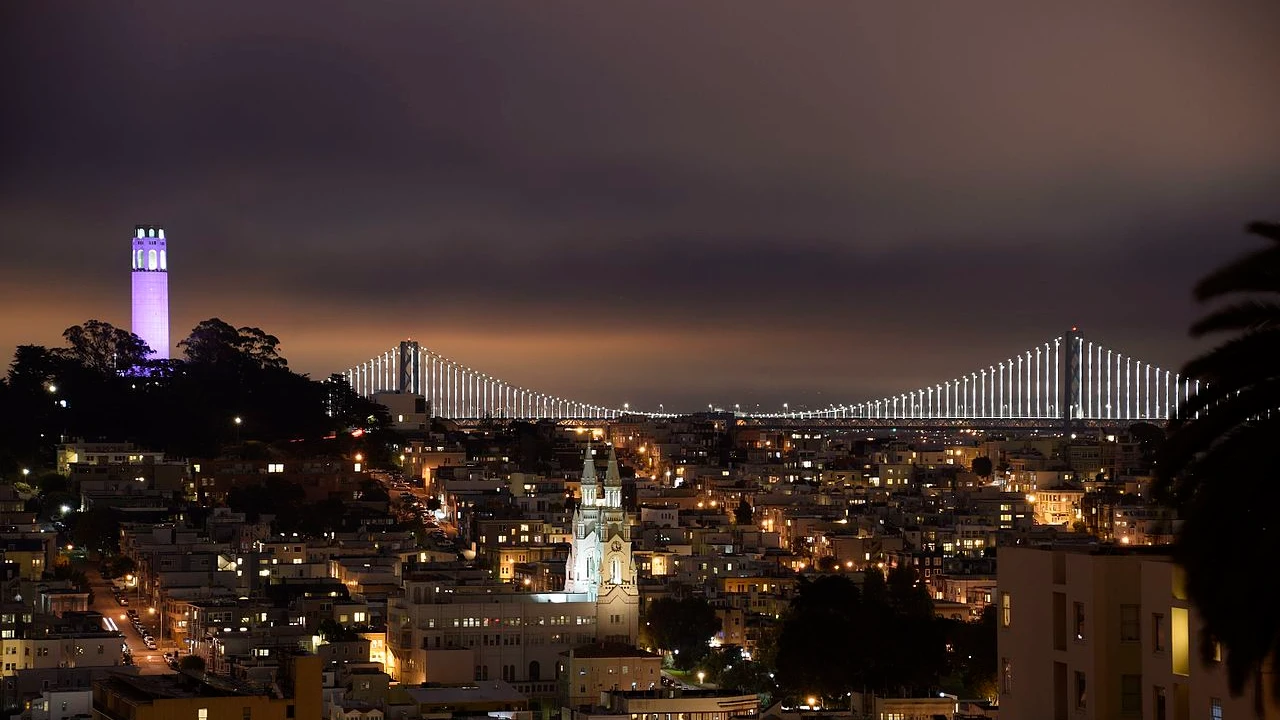 Night View of Bay Bridge and Coit Tower from San Francisco