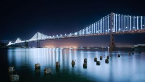 San Francisco Oakland Bay Bridge Western span at night with Bay Lights light scupture