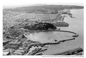 Aerial view of Fort Mason, the Marina District, and the Presidio from the East, 1979-1980.