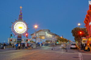 Fisherman's Wharf Sign decorated for the holidays with Boudin Bakery.