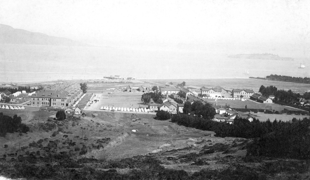 General view (looking northeast) Headquarters Presidio Reservation, San Francisco, California.  Parade ground located in center.  Date approximately 1890.