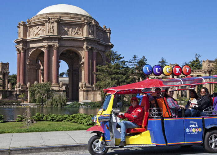 Lucky Tuk tuk sightseeing tour with a stop at the Palace of Fine Arts in San Francisco