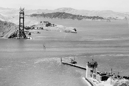 Photo of the Golden Gate Bridge under construction in 1934 