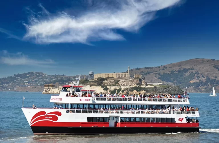 he Red and White Fleet H-Electric vessel Enhydra carrying passengers on a San Francisco Bay cruise.