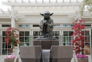The bronze Yoda Fountain at the entrance of Lucasfilm's Letterman Digital Arts Center in the Presidio, San Francisco.